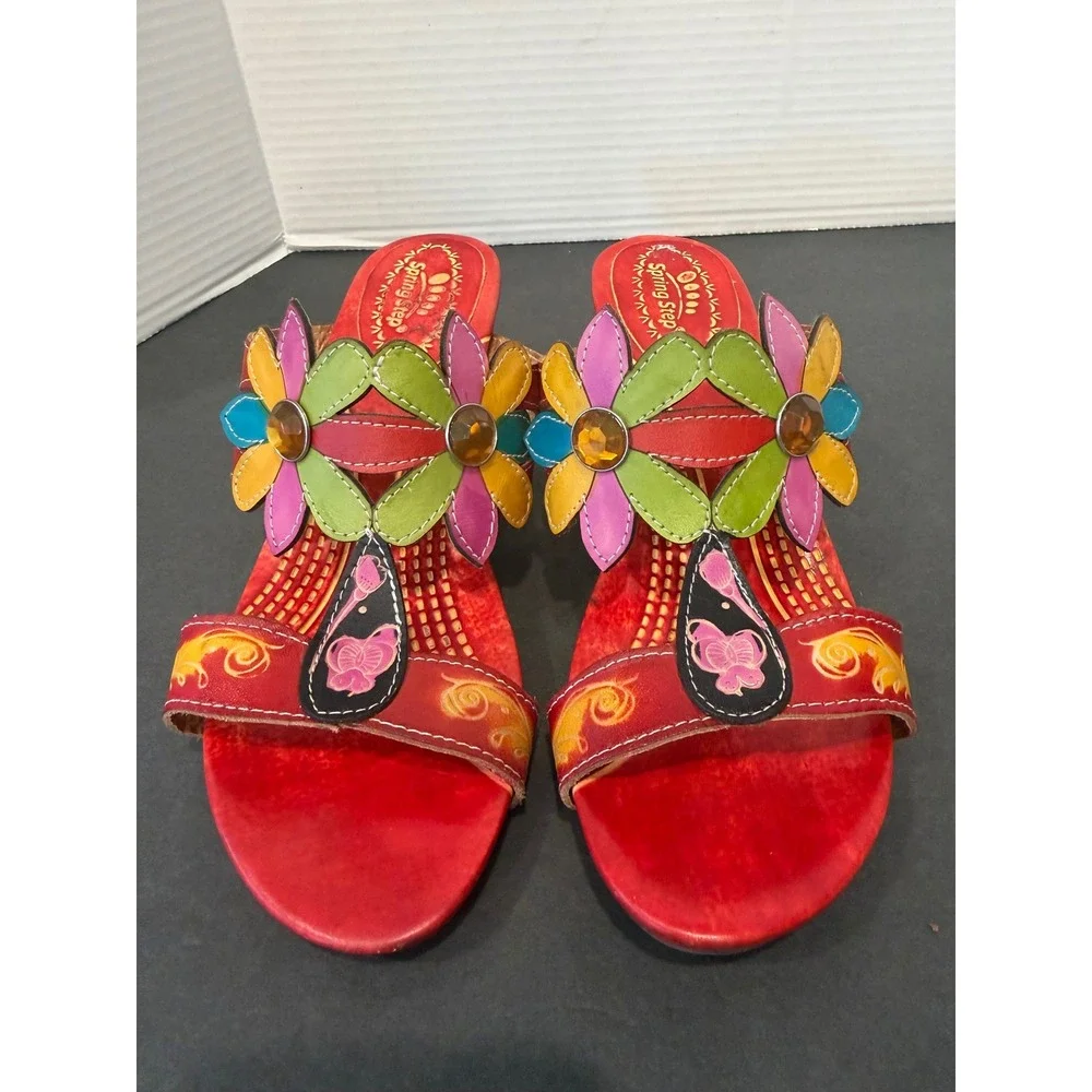 Spring Step Papaya Red Leather Slip On Hand‎ Painted Floral Low Heel Sandals 8.5